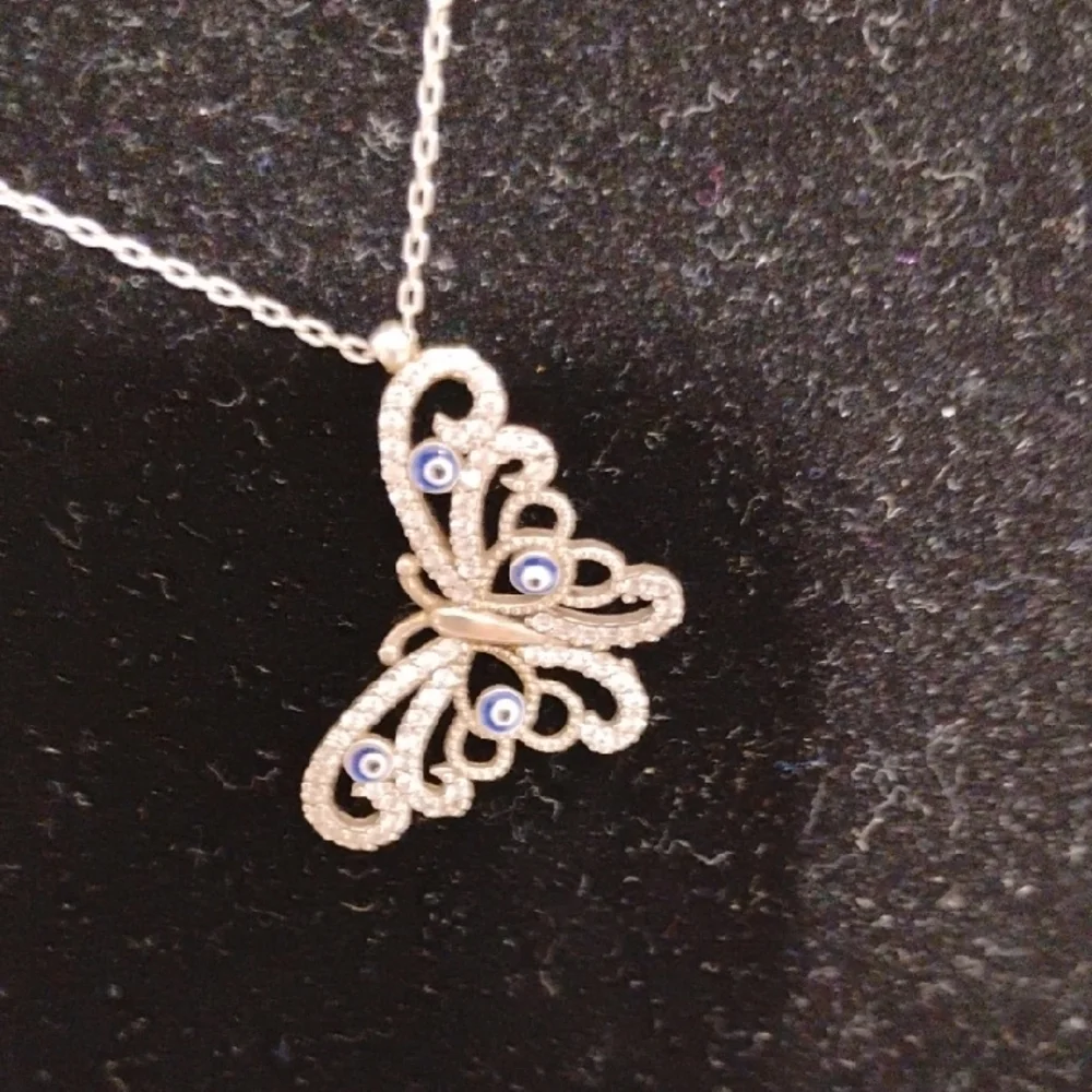 SALE! Elegant 925 Silver Butterfly & Evil Eye Czs Pendant Necklace 18